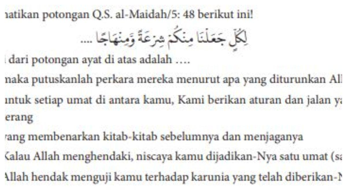 Soal pilihan ganda nomor 6 berupa Q.S. al-Maidah/5: 48, halaman 26.