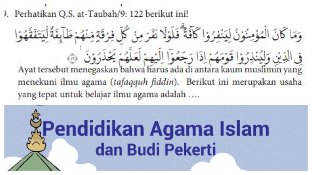 Soal Pilihan Ganda Nomor 9 Halaman 145. Soal tersebut berupa potongan ayat Q.S. at-Taubah/9: 122.