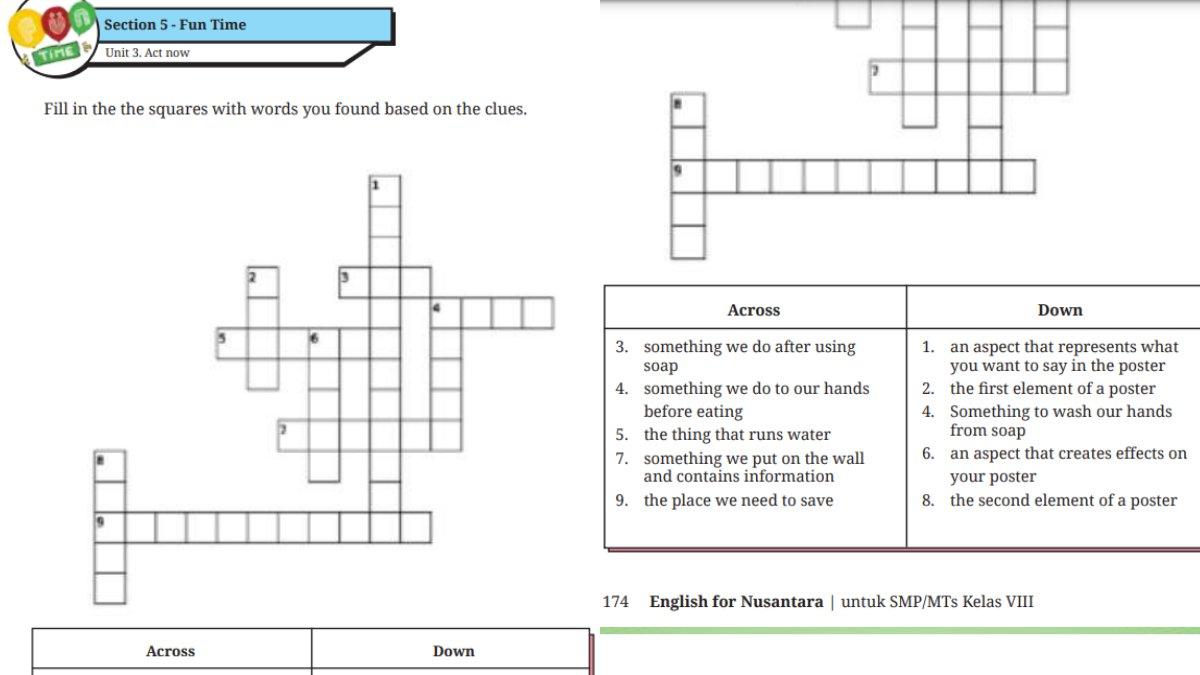 Berikut merupakan gambar soal section 5 Fun Time yakni Teka-Teki Silang yang ada dibuku halaman 174.