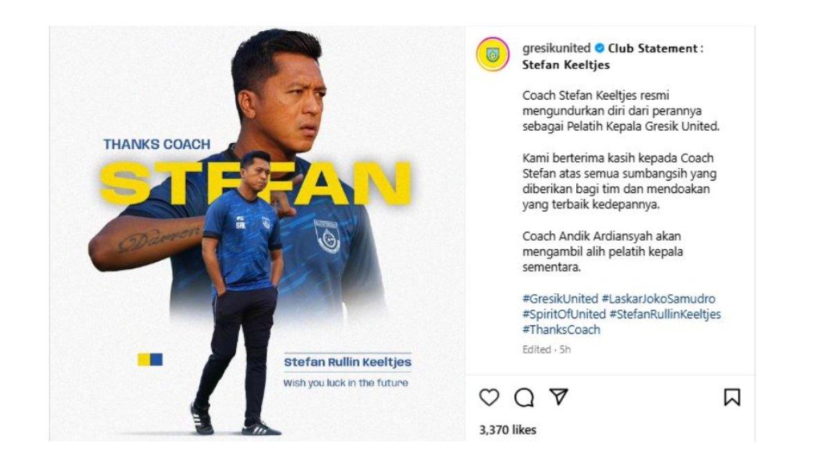 Tangkapan layar dari postingan instagram official Gresik United atas mundurnya sang pelatih, Stefan Keeltjes.