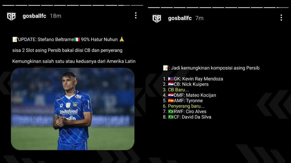Rumor hengkangnya Stefano Beltrame dari Persib Bandung (kiri) dan kisi-kisi skuad Pangeran Biru di Liga 1 2024 kelak (kanan). Stefano Beltrame sendiri sempat gencar dirumorkan bakal hengkang bersamaan dengan Alberto Rodriguez di Persib Bandung.