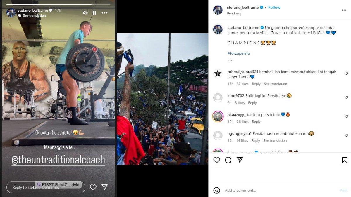 Kolase foto eks Persib Bandung Stefano Beltrame yang kini pulang ke Italia (kiri) tengah mendapat permintaan untuk kembali bergabung ke Pangeran Biru oleh para Bobotoh pada Jumat, 26 Juli 2024 (kanan). Permintaan Bobotoh tersebut tak lepas dari performa Tyronne del Pino yang belum optimal dan berakibat tersingkirnya Pangeran Biru dari Piala Presiden 2024.
