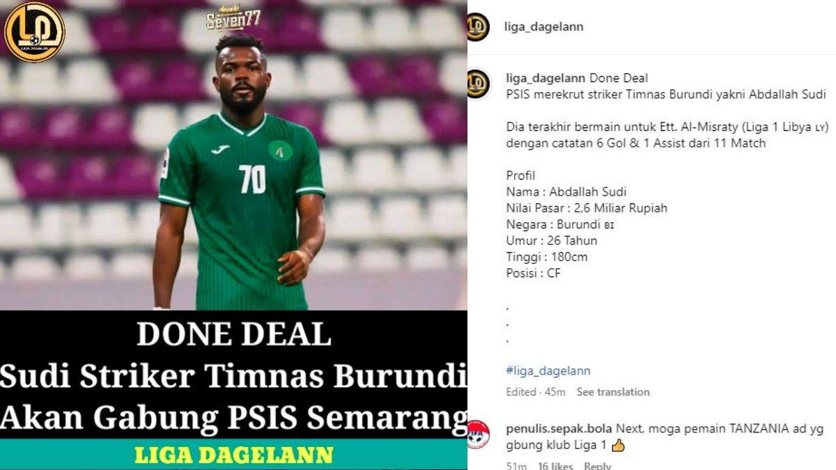 RUMOR - PSIS Semarang kabarnya bakal mendatangkan striker Timnas Burundi, yakni Abdallah Sudi untuk mengarungi Liga 1 2024 sekaligus pengganti Carlos Fortes di lini serang Laskar Mahesa Jenar.