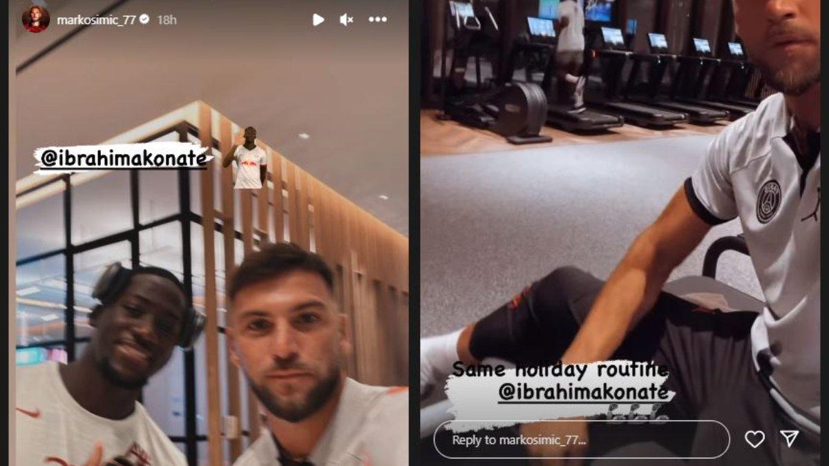 Potret striker Persija Jakarta, yakni Marko Simic yang tengah memamerkan sesi latihan kebugaran bersama bek Liverpool, Ibrahima Konate, Minggu 14 Januari 2024.