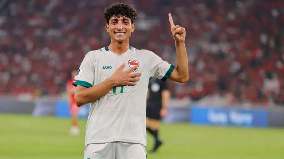 Striker muda Timnas Irak, Ali Jasim melakukan selebrasi setelah membobol gawang Timnas Indonesia pada laga Kualifikasi Piala Dunia 2026 Zona Asia di Stadion Gelora Bung Karno (GBK), Kamis (6/6/2024).