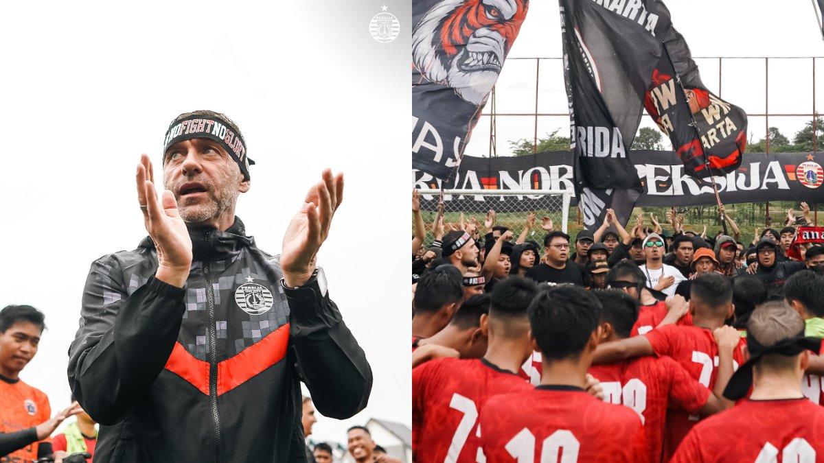 Kolase foto pelatih Persija Jakarta, Thomas Doll (kiri) dan sesi latihan Macan Kemayoran jelang lawang Persib Bandung di pekan ke-28 Liga 1 2023 yang didatangi langsung oleh Jakmania (kanan).