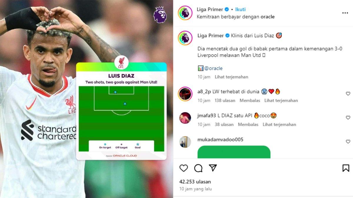 Potret Luiz Diaz, penyerang andalan Liverpool yang berhasil cetak brace saat laga melawan Manchester United dengan memanfaatkan dua kesalahan fatal Casemiro di leg ketiga Premier League 2024/2025, Minggu (1/9/2024).