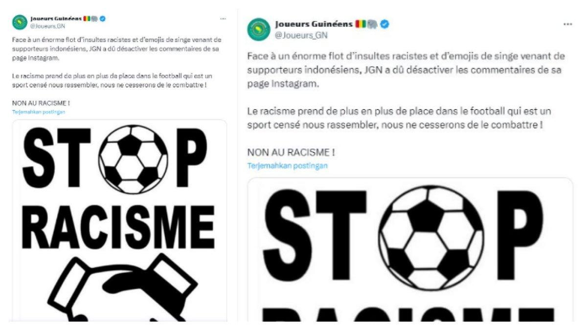Tangkap layar cuitan akun X Guinea, @Joueurs_GN terkait banyaknya serangan rasis dari pendukung Timnas U-23 Indonesia, Kamis (9/5/2024).