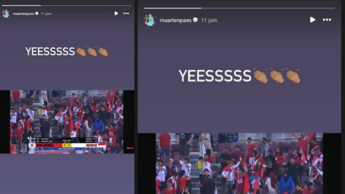 Tangkap layar unggahan story Instagram Maarten Paes yang merayakan kemenangan Timnas U-23 Indonesia atas Korea Selatan dan lolos ke babak semifinal Piala Asia U-23 2024.