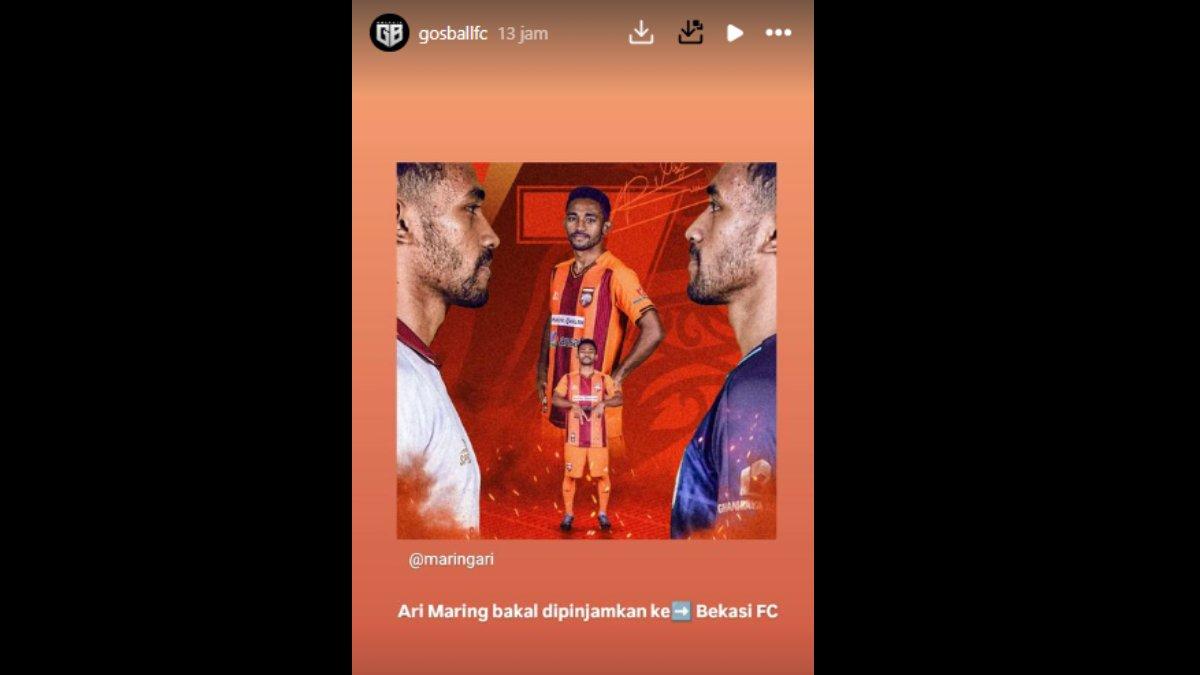 Tangkapan layar unggahan cerita Instagram @gosballfc pada Senin (2/9/2024) terkait rumor kepindahan Ari Maring ke FC Bekasi City.