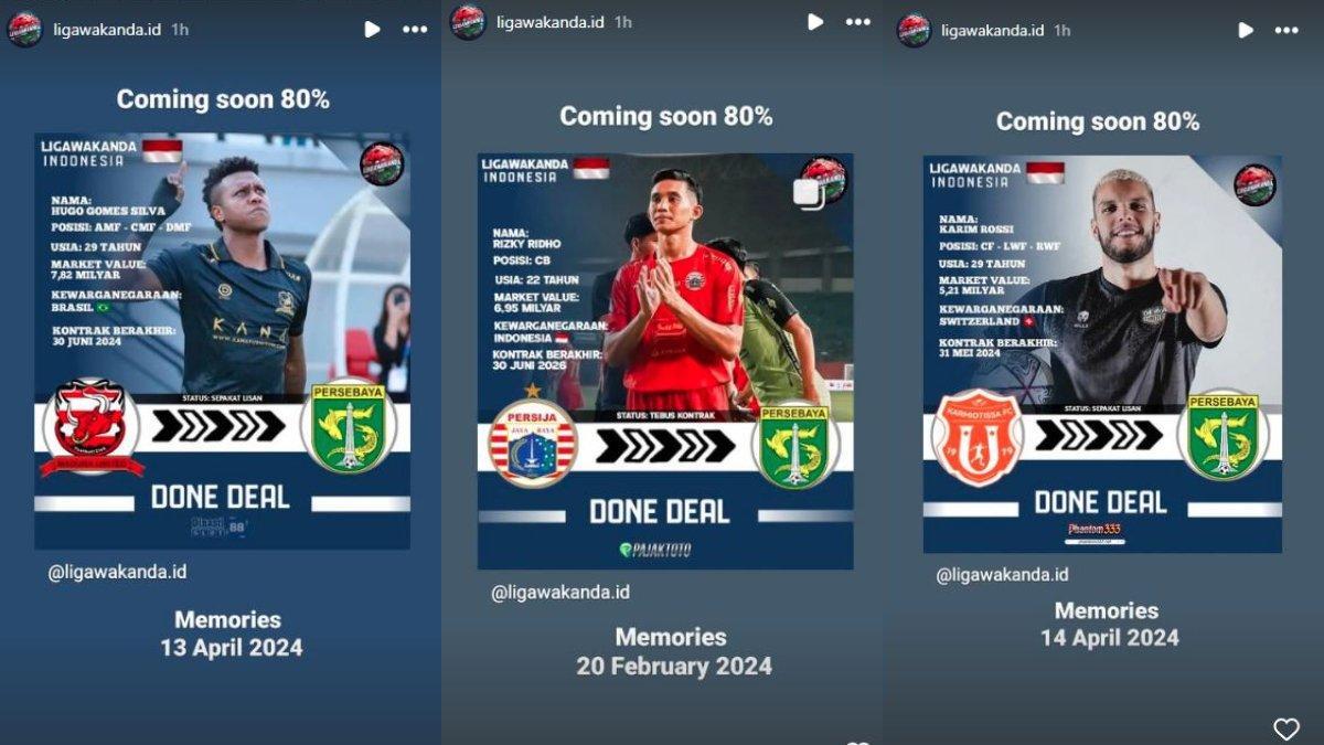 Rumor tiga pemain baru Persebaya Surabaya, yakni Hugo Gomes (kiri), Rizky Ridho (tengah), dan Karim Rossi (kanan) yang kabarnya selangkah lagi bergabung ke Persebaya Surabaya di musim 2024/2025, Rabu, 24 April 2024.