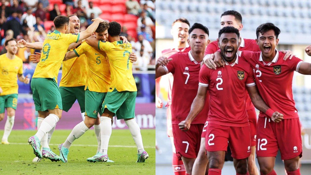 Skuad Timnas Australia (kiri) dan Timnas Indonesia (kanan).