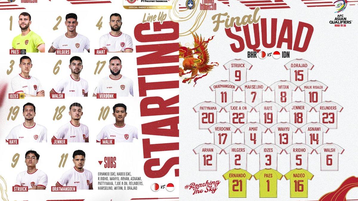 Sempat coret empat nama, berikut 11 pemain yang diturunkan Timnas Indonesia untuk melawan Bahrain (kiri) dan daftar 23 pemain final yang dipakai untuk Kualifikasi Piala Dunia 2026 Zona Asia (kanan).