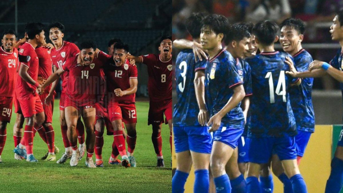 Selebrasi skuad Timnas Indonesia (kiri) dan Laos (kanan).