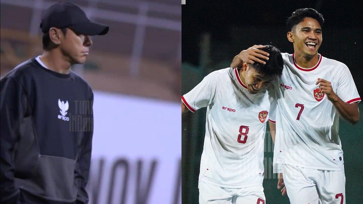 Kolase foto pelatih Timnas Indonesia U-23, Shin Tae-yong (kiri) saat mengawasi sesi latihan anak asuhnya dan selebrasi skuad Garuda Muda saat melawan Uni Emirat Arab (kanan) di laga uji coba yang digelar pada Selasa, 9 Maret 2024.