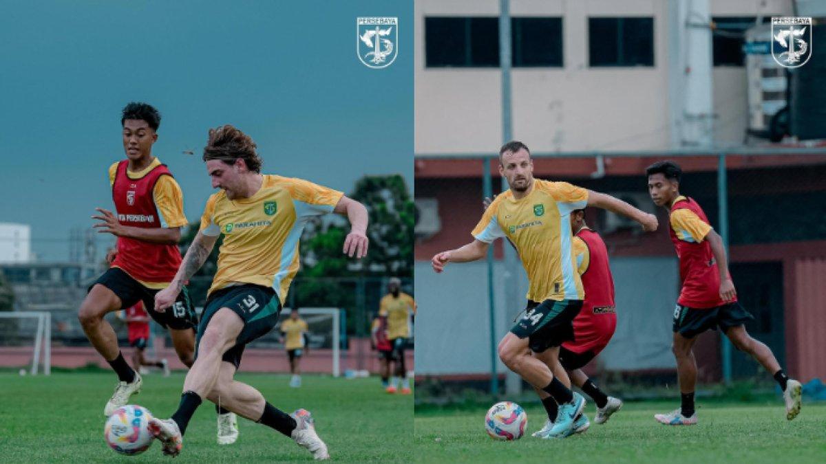 Sesi latihan Dejan Tumbas (kiri) dan Dime Dimov (kanan) di Lapangan Thor, Surabaya, Senin (6/1/2025).