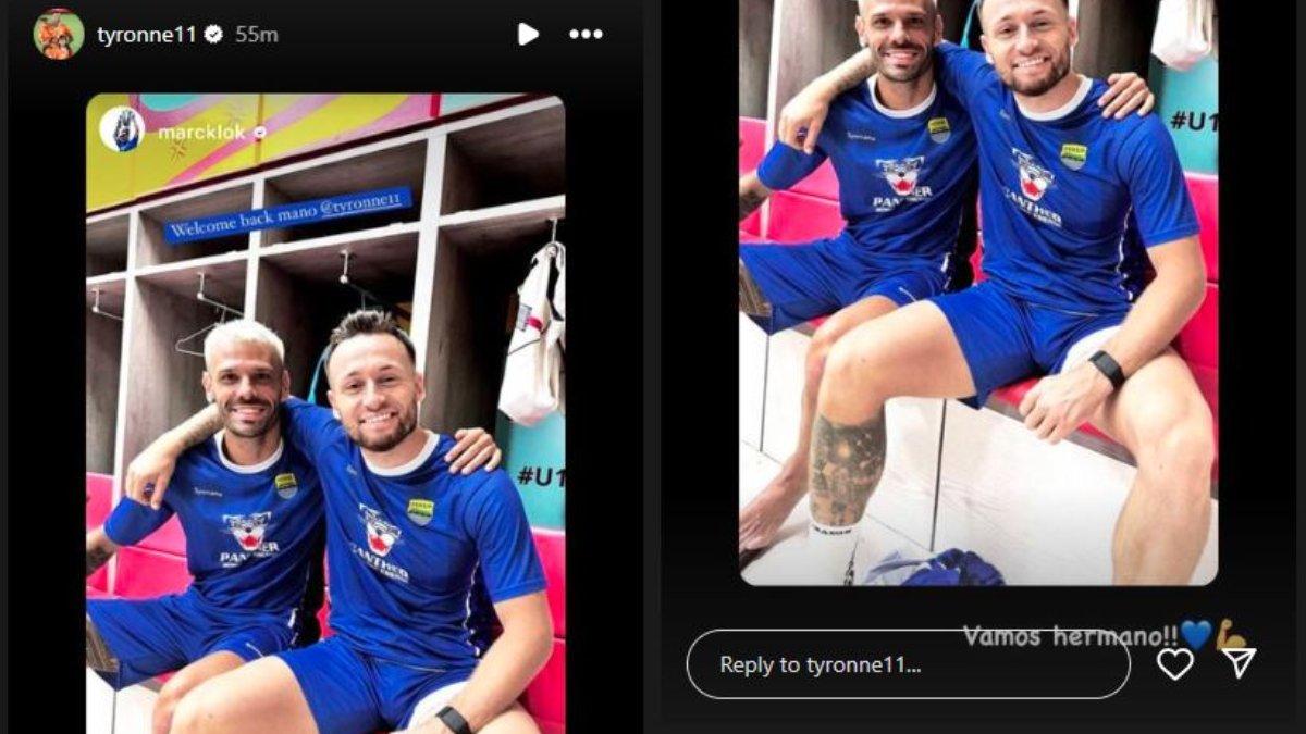 Kolase foto Tyronne del Pino yang telah kembali ke sesi latihan Persib Bandung dan disambut oleh Marc Klok, Kamis 18 Juli 2024.