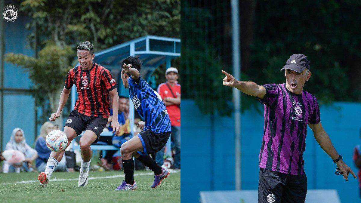 Kolase foto Arema FC yang sedang melakoni laga uji coba di jeda Liga 1 2023 (kiri) dan arsitek Singo Edan, Fernando Valente (kanan).