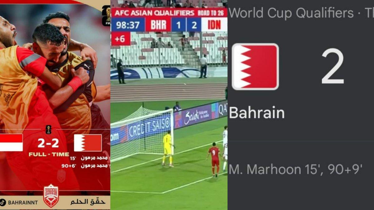 Kolase unggahan Bahrain yang mengedit gol kedua Mohammaed Marhoon menjadi menit ke-90+6 padahal kenyataannya di menit ke-98+37 skor masih 1-2, dan tampilan hasil AFC pun menunjukkan gol dicetak pada menit ke-90+9.