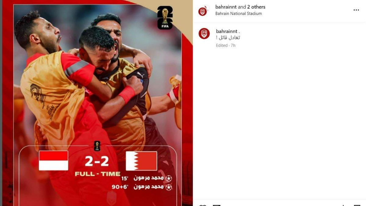 Unggahan Bahrain yang mengedit gol kedua Mohammaed Marhoon menjadi menit ke-90+6 padahal kenyataannya gol dicetak di menit ke-90+9