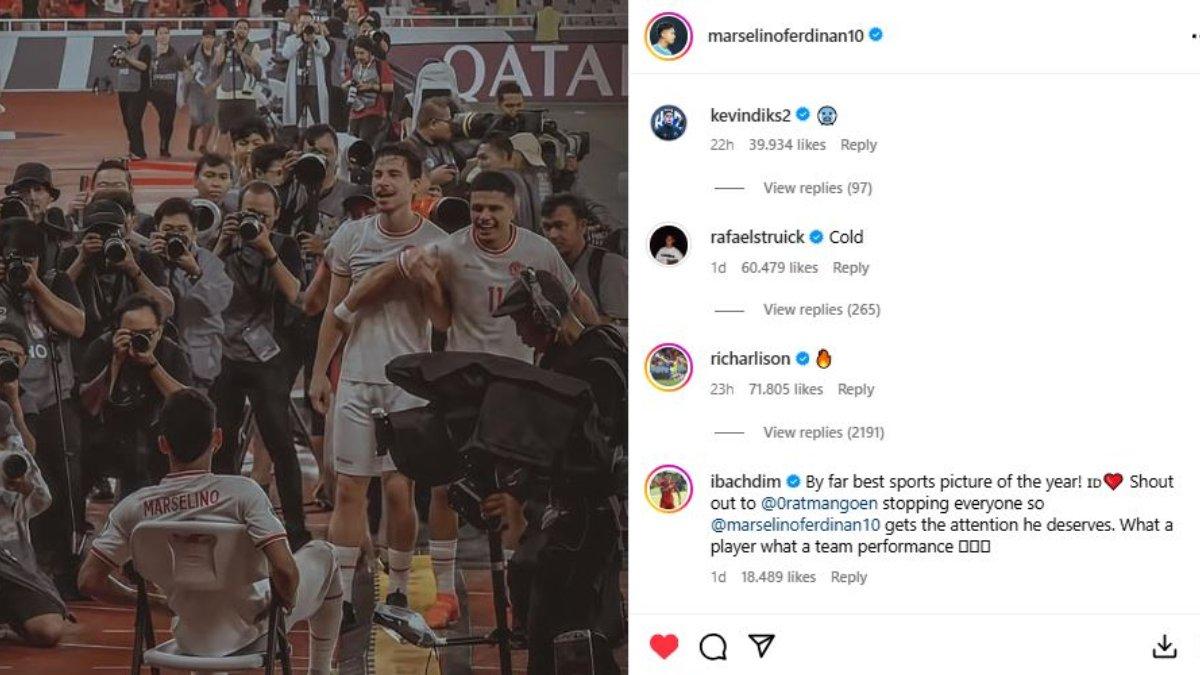 Bommber Tottenham Hotspur, Richarlison turut meninggalkan komentar pada foto selebrasi yang diunggah Marselino Ferdinan pada Rabu (20/11/2024).