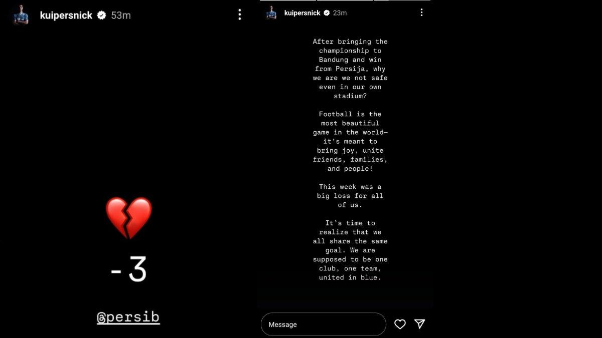 Unggahan bek Persib Bandung, Nick Kuipers tak lama setelah adanya kerusuhan di laga melawan Persija Jakarta di pekan keenam Liga 1 2024, Senin (23/9).