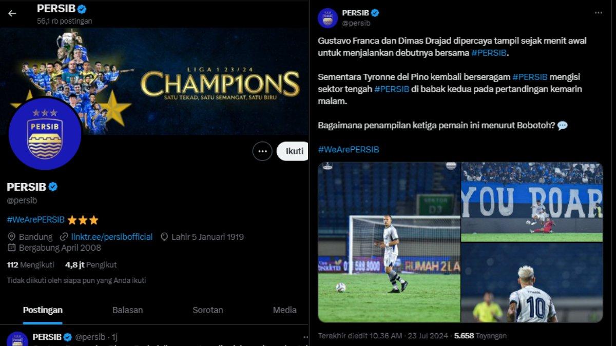 Akun resmi X Persib Bandung (kiri) dan unggahan akun X Persib Bandung yang menampilkan potret 3 pemain Persib Bandung, satu di antaranya Gustavo Franca (kanan). Dalam unggahan tersebut diketahui terdapat beberapa komentar Bobotoh (penggemar Persib Bandung) yang memberikan apresiasi kepada Gustavo Franca.