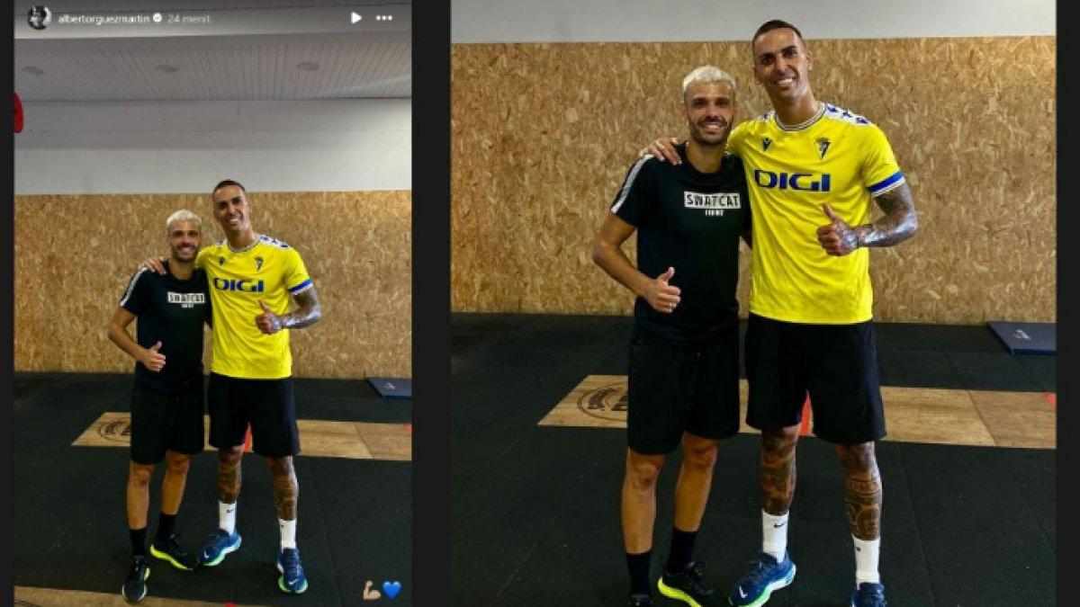 Unggahan story Instagram bek Persib Bandung Alberto Rodriguez, Selasa (2/7/2024). Alberto Rodriguez terlihat memakai jersey klub Spanyol, Cadiz CF dan foto bareng Tyronne del Pino.