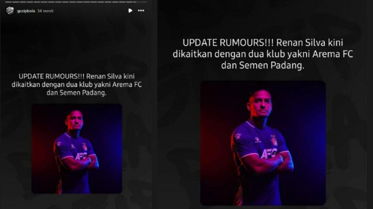 Unggahan story akun Instagram @gozipbola, Rabu (12/6/2024) menyebut eks Persik Kediri, Renan Silva menjadi incaran dua klub Liga 1, Arema FC dan Semen Padang.