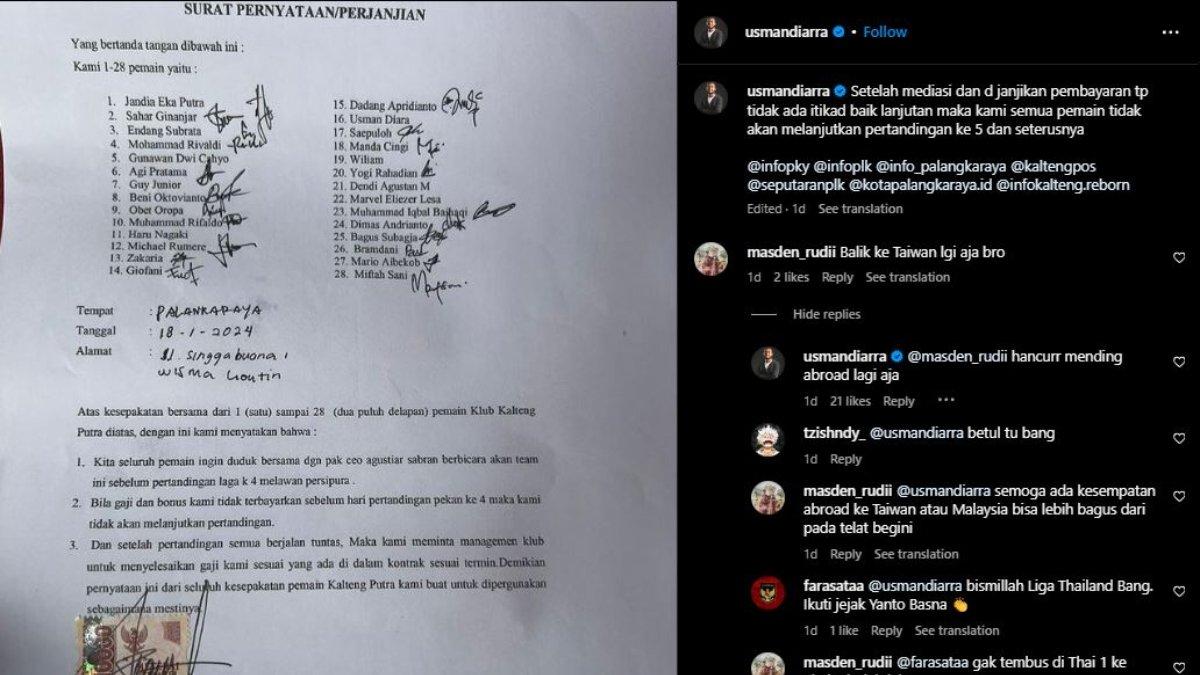 Penyerang Kalteng Putra eks Bhayangkara FC dan PSIS Semarang, Usman Diarra tak menutup kemungkinan bakal abroad lagi seusai gajinya di musim 2023/2024 ini tertunggak.