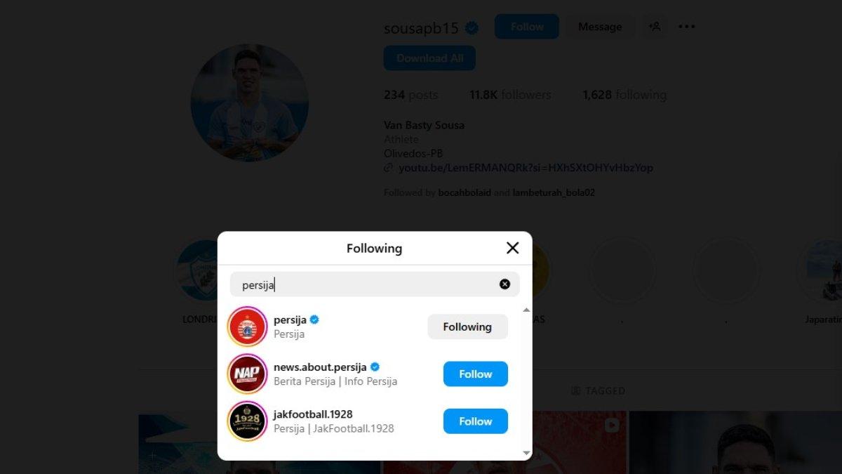 BURSA TRANSFER PERSIJA JAKARTA - Van Basty Sousa kepergok follow akun Instagram Persija Jakarta.