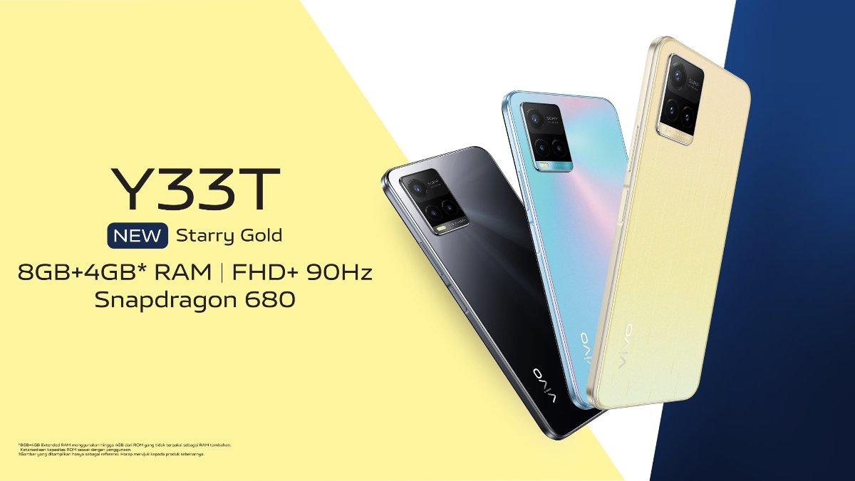 Tampilan Vivo Y33T yang hadir dengan tiga warna: Starry Gold, Middy Dream, dan Mirror Black.