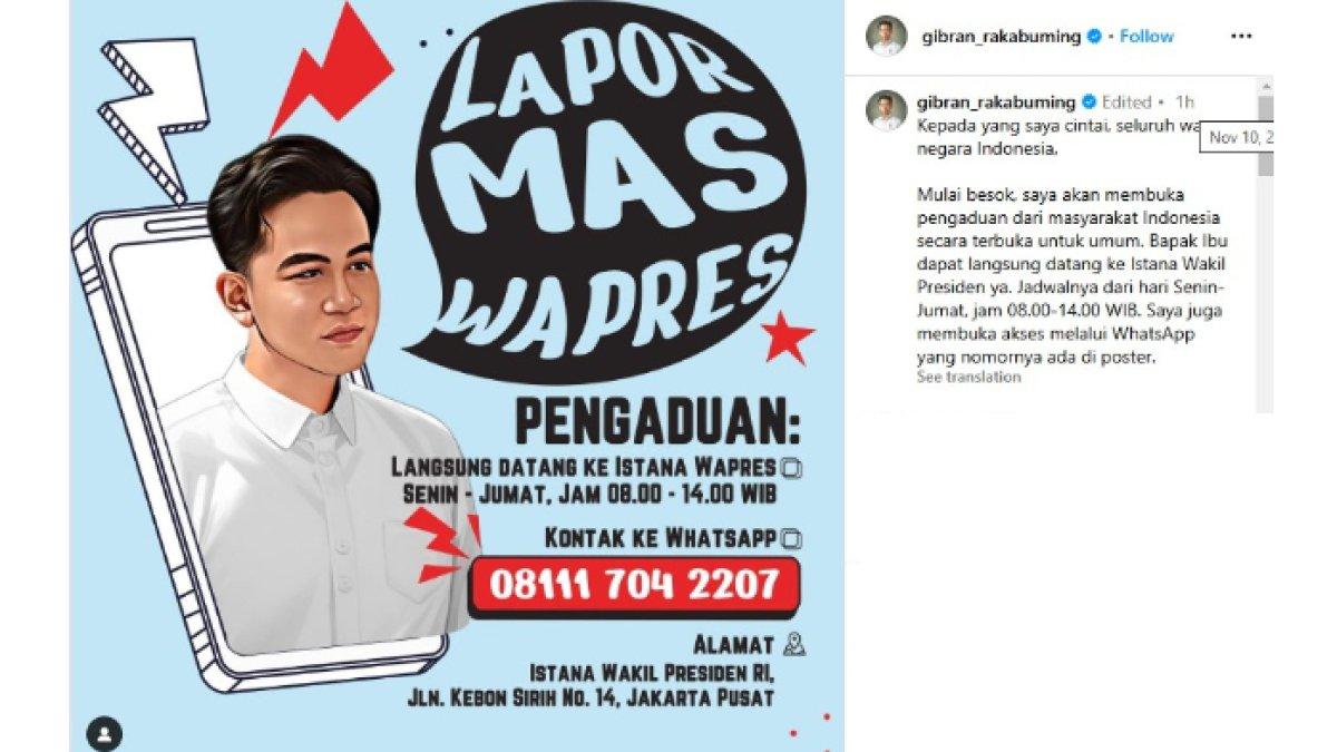 Wakil Presiden Republik Indonesia (Wapres RI) Gibran Rakabuming Raka membuat bilik aduan 'Lapor Mas Wapres'.