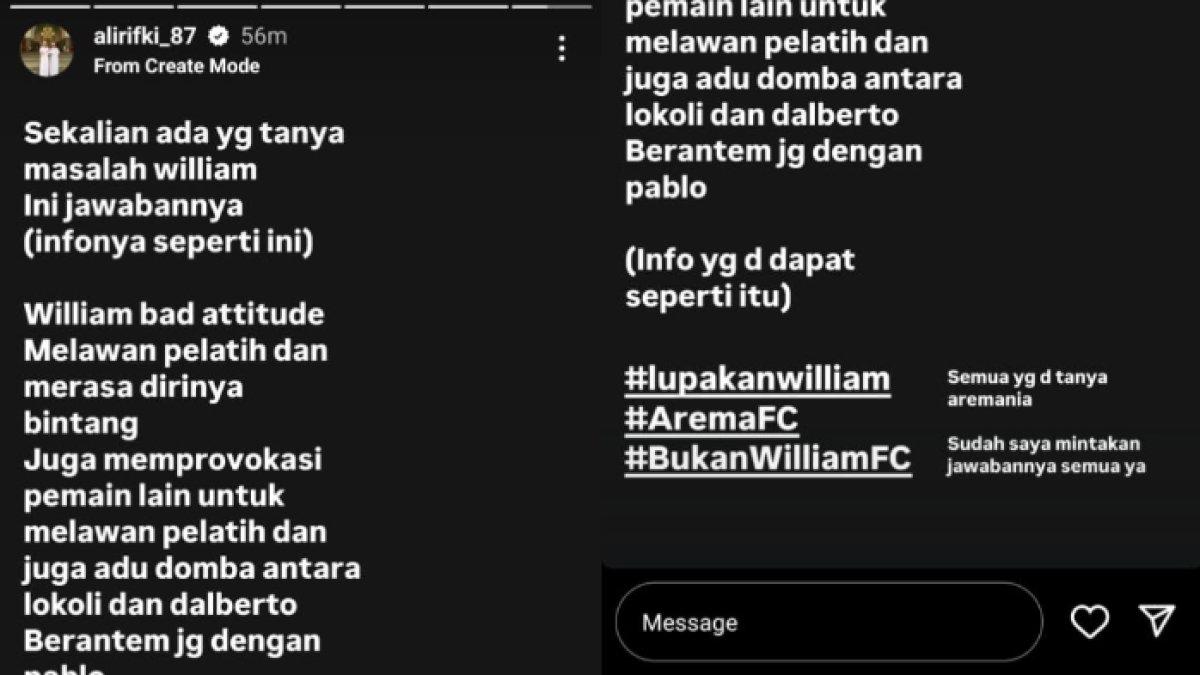 NESTAPA WILIAM MARCILIO - Gelandang Arema FC asal Brasil, yakni Wiliam Marcilio disebut punya sikap yang buruk oleh pentolan Aremania Ali Rifki dalam unggahan Instagram story-nya, Senin (24/2).