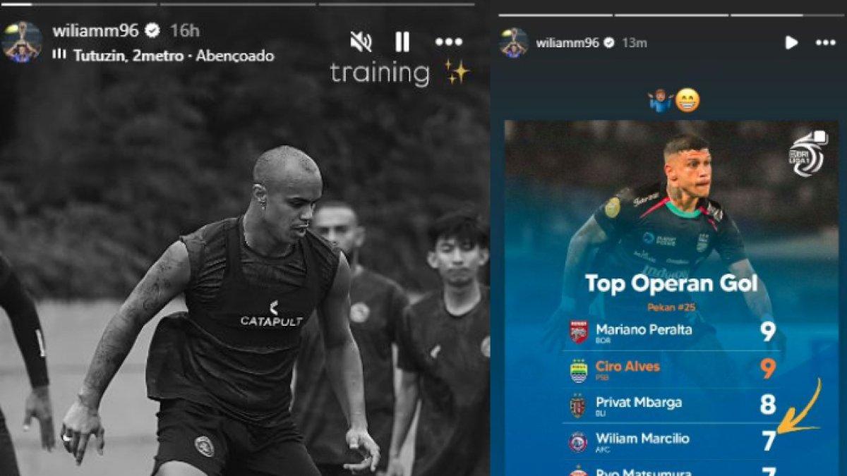 SINDIR HALUS - Kolase unggahan Instagram gelandang Arema FC, yakni Wiliam Marcilio yang terus mengikuti latihan di Singo Edan (kiri) meski tak kunjung dimainkan dalam 4 laga terakhir dan sempat seolah menyindir karena tak kunjung dimainkan walaupun telah memberikan 7 assist di Liga 1 2024 (kanan).