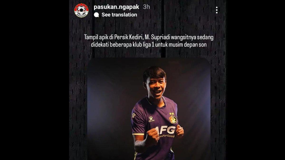 Rumor winger muda Persik Kediri, yakni Supriadi yang tengah diminati oleh klub-klub Liga 1 lainnya setelah tampil ciamik di musim 2023/2024, Selasa 12 Desember 2023.
