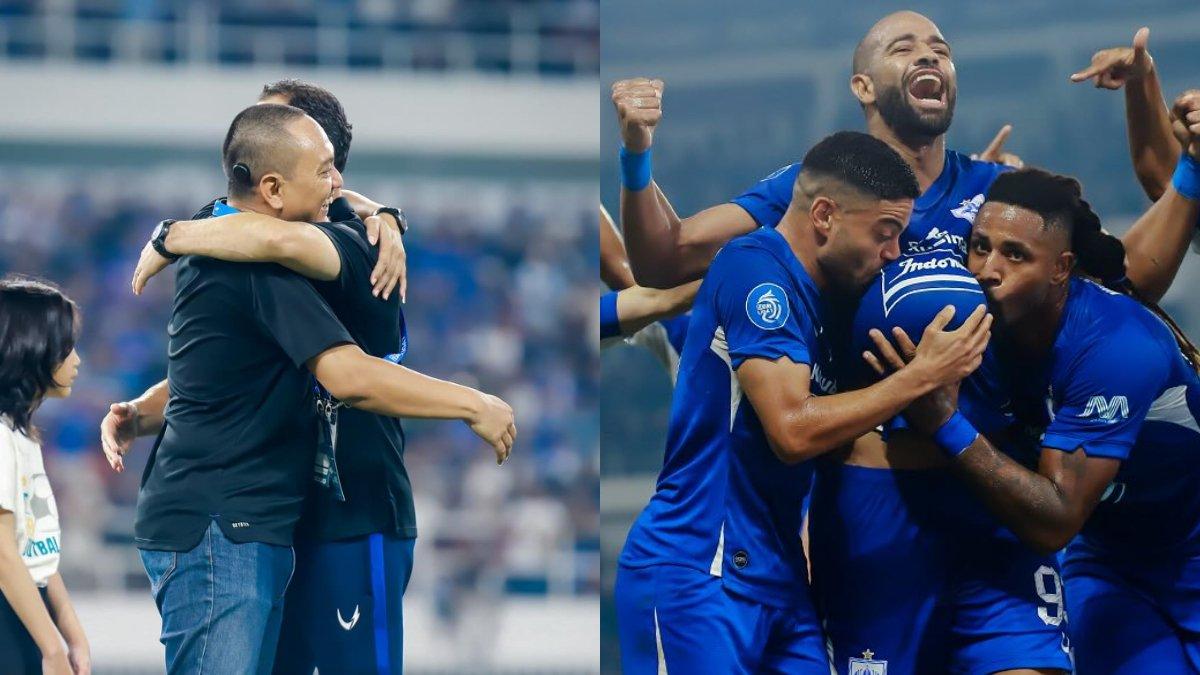 Kolase foto CEO PSIS Semarang yang memeluk pelatih Laskar Mahesa Jenar, Gilbert Agius (kiri) serta aksi selebrasi Lucas Gama saat melawan Persija Jakarta di pekan ke-17 Liga 1 2023 (kanan).