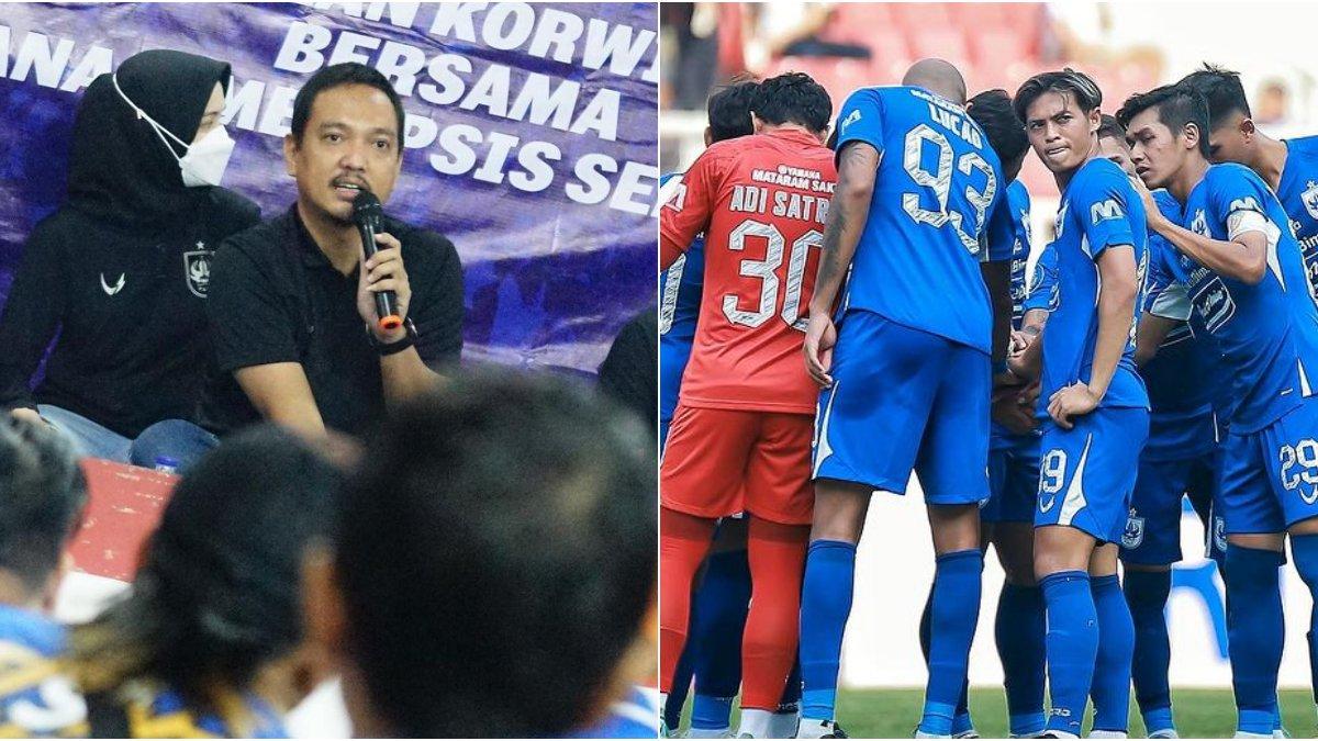 Bos PSIS Semarang Yoyok Sukawi (kiri) dan skuad PSIS Semarang (kanan).