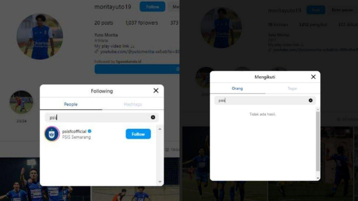 Sempat mem-follow Instagram PSIS Semarang, Yuto Morita akhirnya telah berhenti mengikutinya, Selasa (30/7/2024).