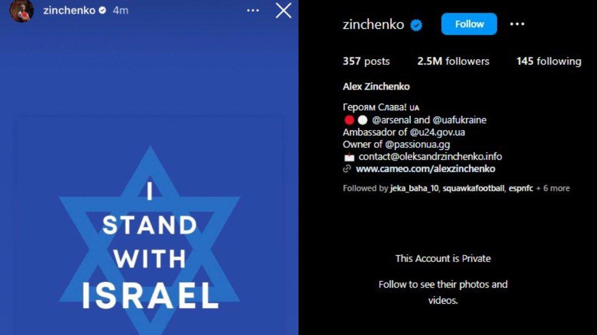 Bintang Arsenal asal Ukraina, yakni Oleksandr Zinchenko langsung mengunci akun Instagramnya setelah sempat menyuarakan dukungan kepada Israel yang mendapat serangan dari Hamas, Minggu 8 Oktober 2023.