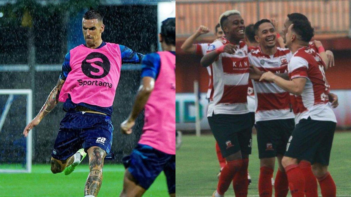 Bek anyar Persib Bandung, Alberto Rodriguez (kiri) dan para pemain Madura United di gelaran Liga 1 2022/2023 (kanan).