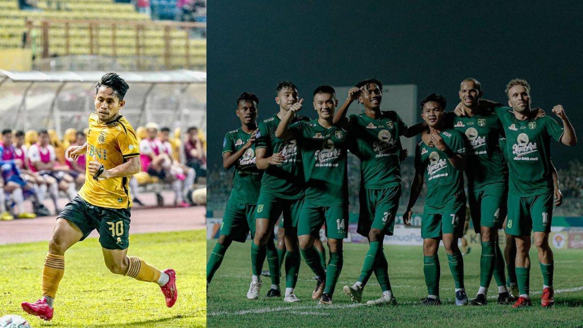 Andik Vermansyah saat membela Bhayangkara FC (kiri) dan para pemain Persebaya Surabaya di gelaran Liga 1 2022/2023 (kanan).