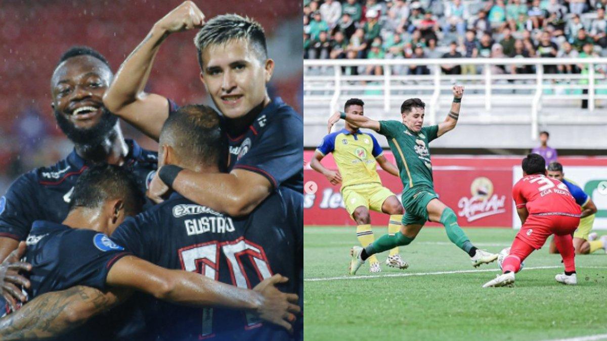 Kolase aksi Arema FC (kiri) dan Persebaya Surabaya (kanan) di pekan kedua Liga 1 2023.