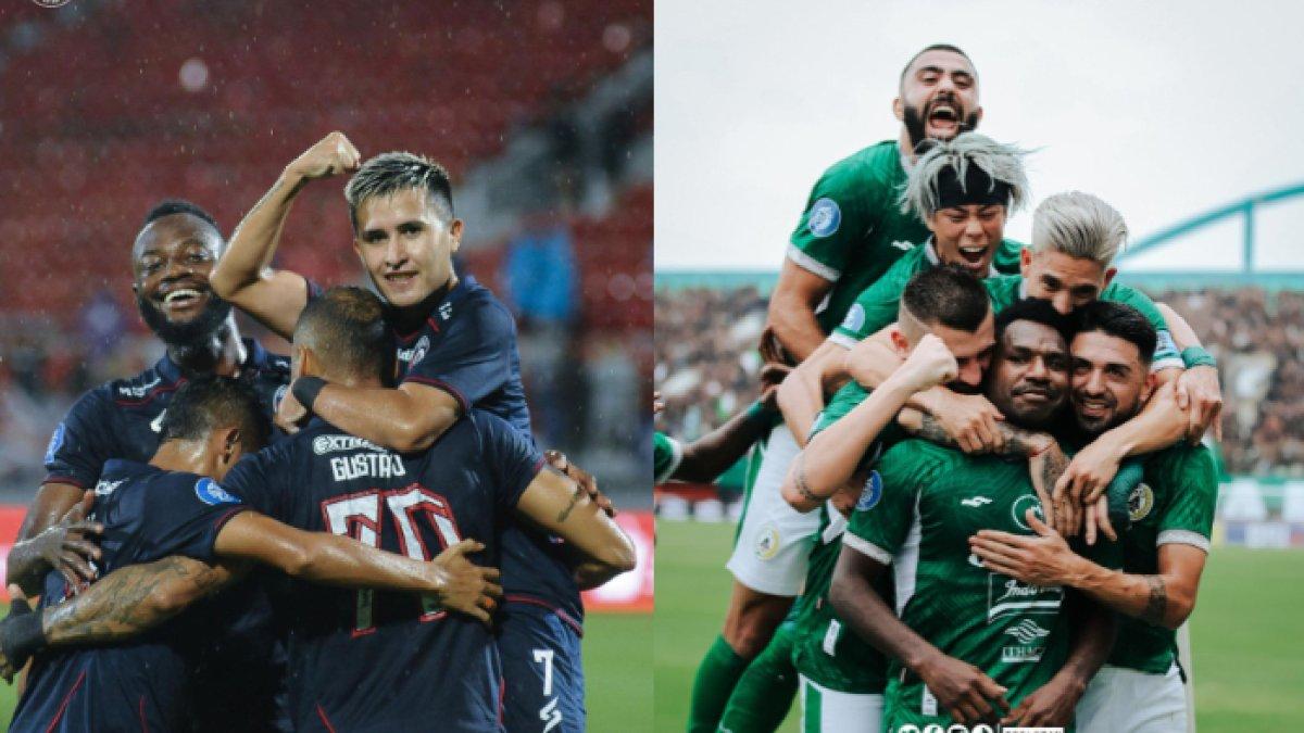 Skuad Arema FC (kiri) dan PSS Sleman (kanan).