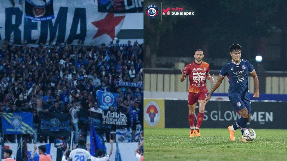 Kolase foto Aremania yang mendukung Arema FC (kiri) dan cuplikan pertandingan Singo Edan Vs Bali United di pekan ke-21 Liga 1 2022 (kanan).