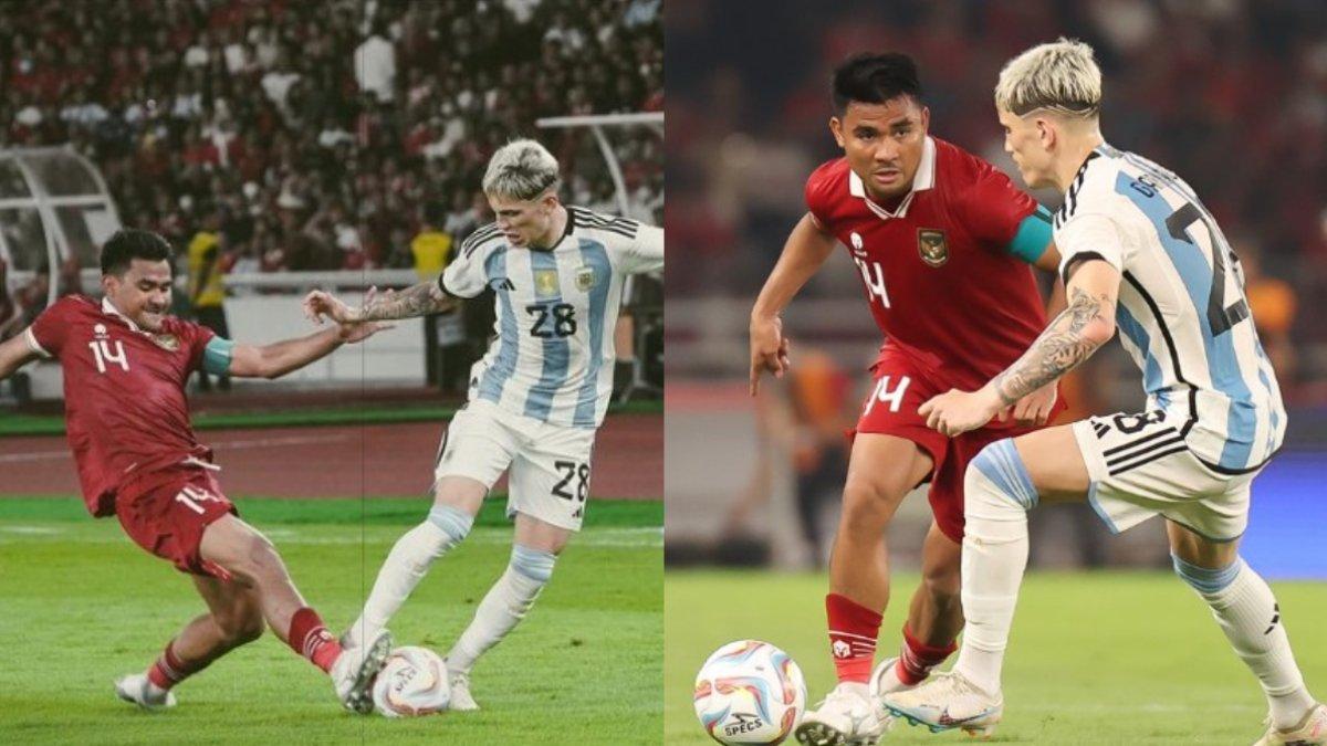 Asnawi Mangkualam Melakukan duel dengan Alejandro Garnacho pada laga FIFA Matchday Lawan Argentina, Senin (19/6/2023)