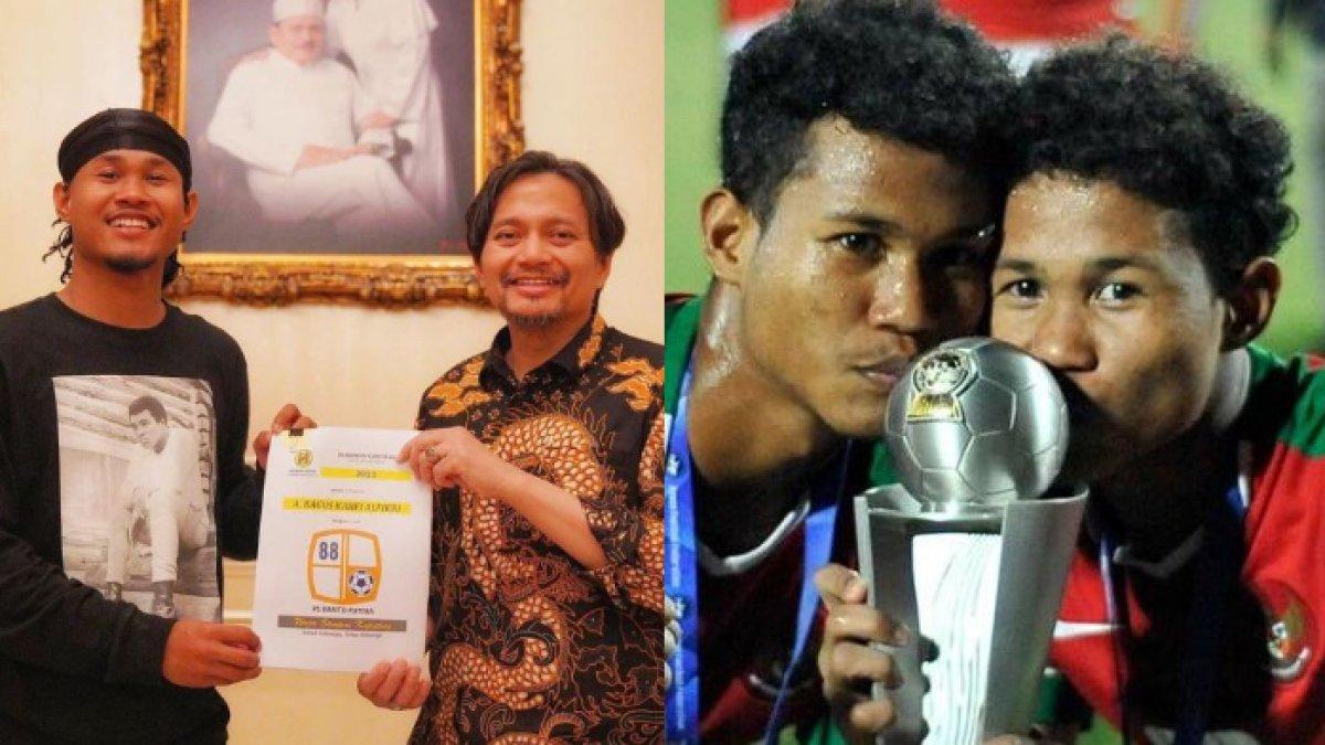 Kolase potret Bagus Kahfi memamerkan kontrak barunya bersama Barito Putra (kiri) dan potretnya bersama sang saudara kembar sekaligus rekan setim, Bagas Kaffa.