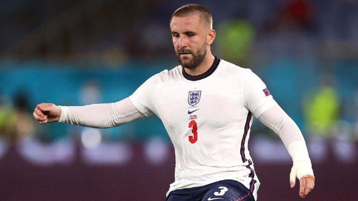 Bek timnas Inggris milik Manchester United, Luke Shaw pada laga terakhir melawan Ukraina di babak 8 besar EURO 2020 di Stadion Olimpico Roma, Italia, Minggu (4/7/2021).