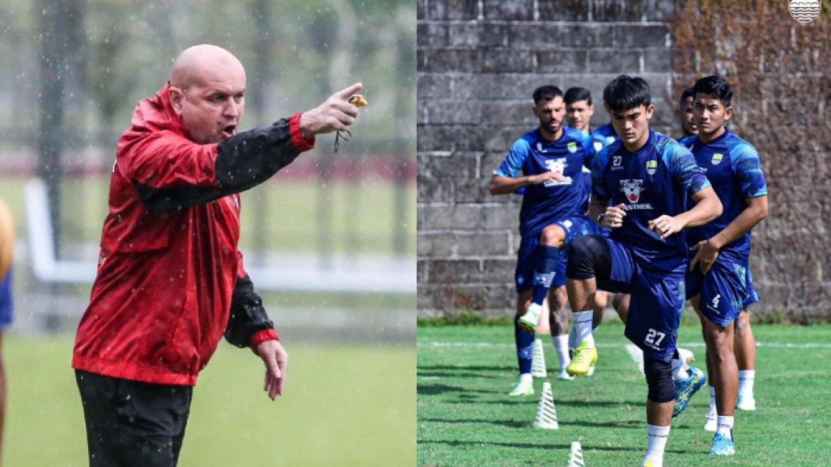 Bojan Hodak (kiri) dan skuad Persib Bandung saat sesi latihan bersama (kanan).