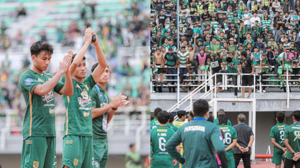 Skuad Persebaya Surabaya saat menemui Bonek seusai bermain imbang kontra RANS Nusantara FC Minggu (23/7/2023).